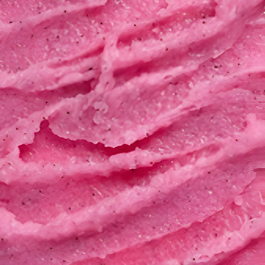 Spread of deep pink KBO body scrub in jars and scoops, showing texture and vibrant color for smooth, glowing skin