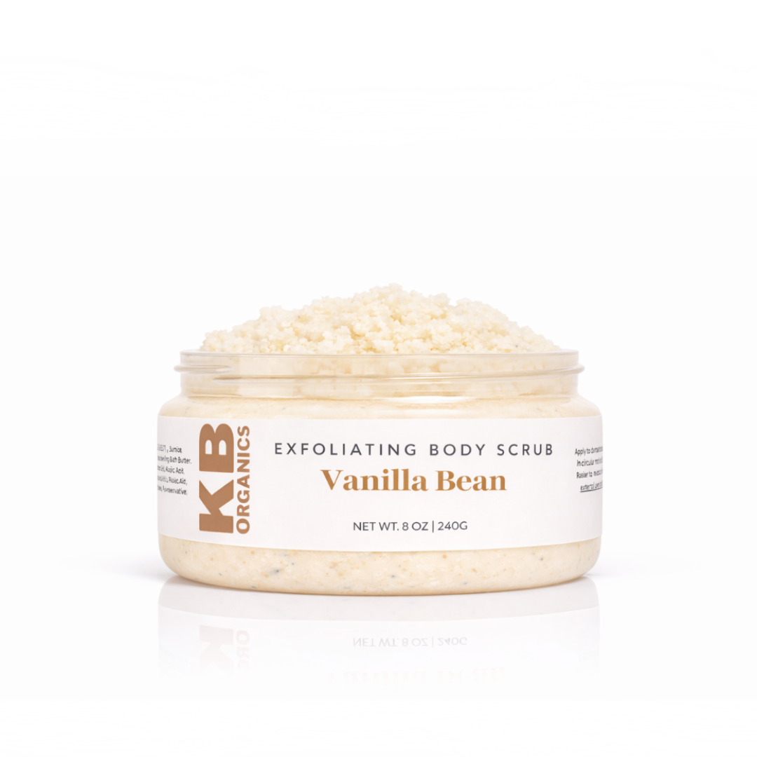 Vanilla Bean exfoliating body scrub jar on a white background